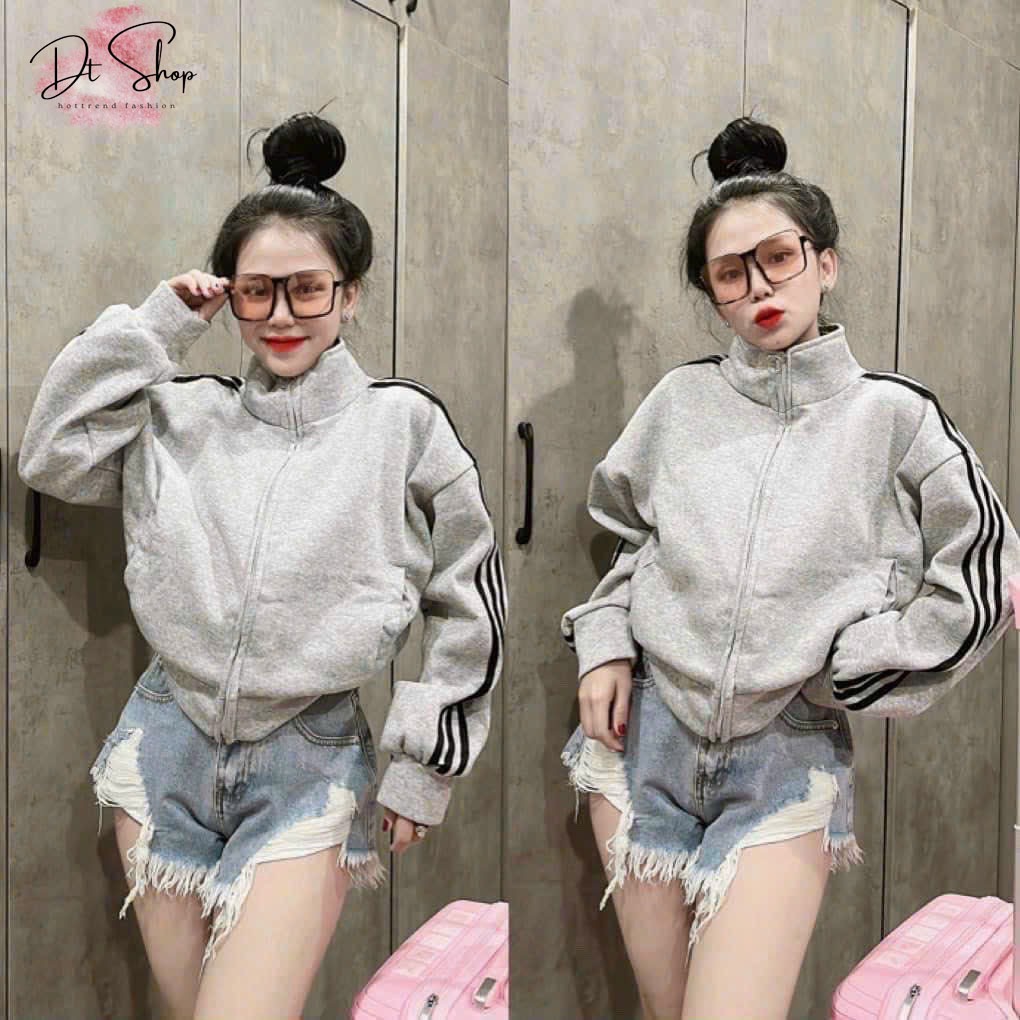 Áo khoác nỉ zip crop phối sọc siêu đẹp, Áo khoác dày dặn cho nữ