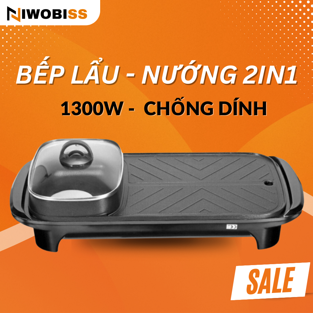Bếp Lẩu Nướng Đa năng 2 trong 1, Công suất 1300W Bề Mặt Chống Dính Truyền Nhiệt Nhanh, Ăn Nướng Kèm Ăn Lẩu