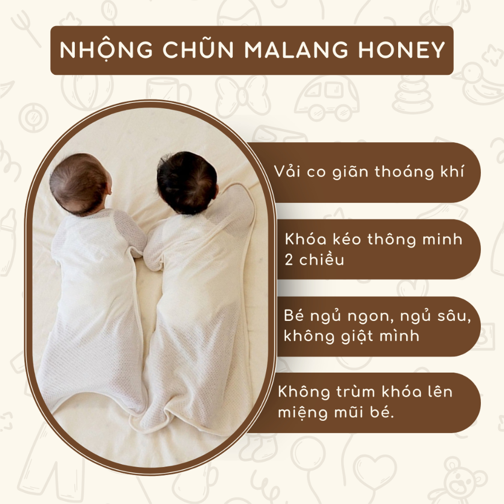 Nhộng chũn Malang Honey vải mesh thoáng khí co giãn giúp bé ngủ ngon, túi ngủ cho bé hàng chính hãng