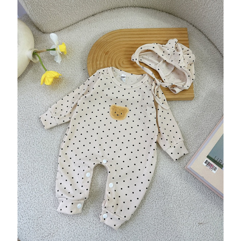 Body Cotton Họa Tiết Chấm Bi Gắn Gấu Xù Dễ Thương Cho Bé Gái