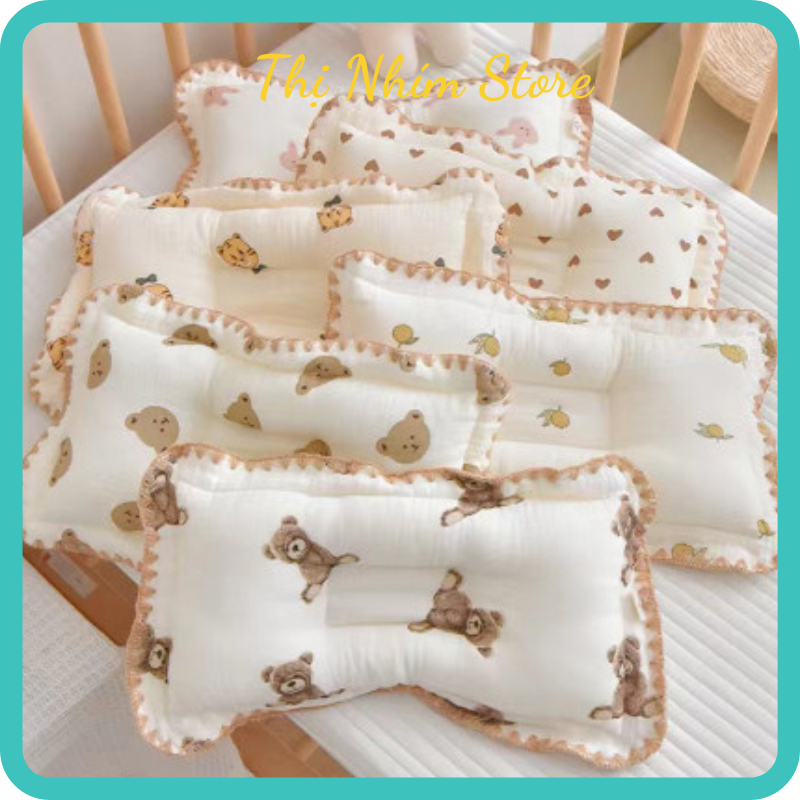 Gối Lõm Chống Méo Đầu Cho Bé Sơ Sinh Ruột Bông Organic Vải Thô Lụa Thị Nhím Store