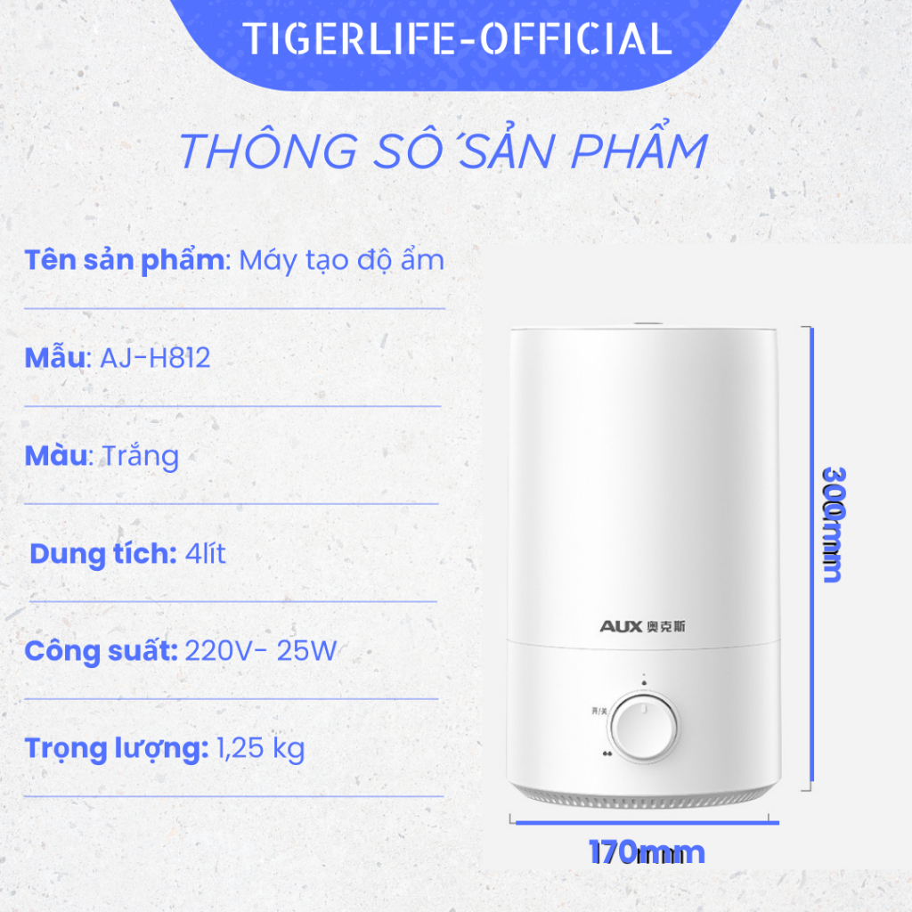 Máy phun sương tạo ẩm Tigerlife  AUX4.5L công xuất lớn 3/1L tạo ẩm nhanh