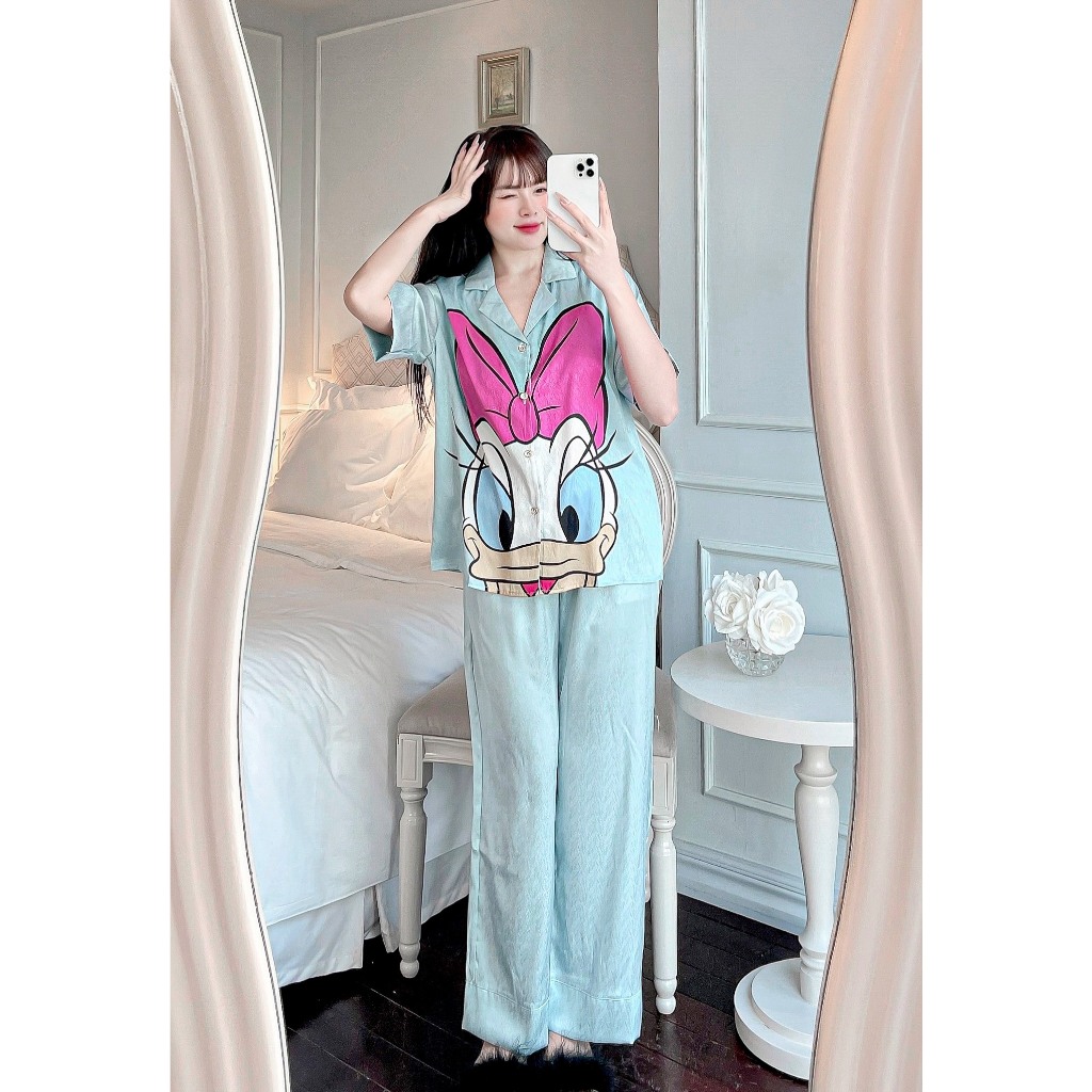 Bộ ngủ pijama nữ gấm xước ánh kim họa tiết Vịt dễ thương JUSOKA TN43