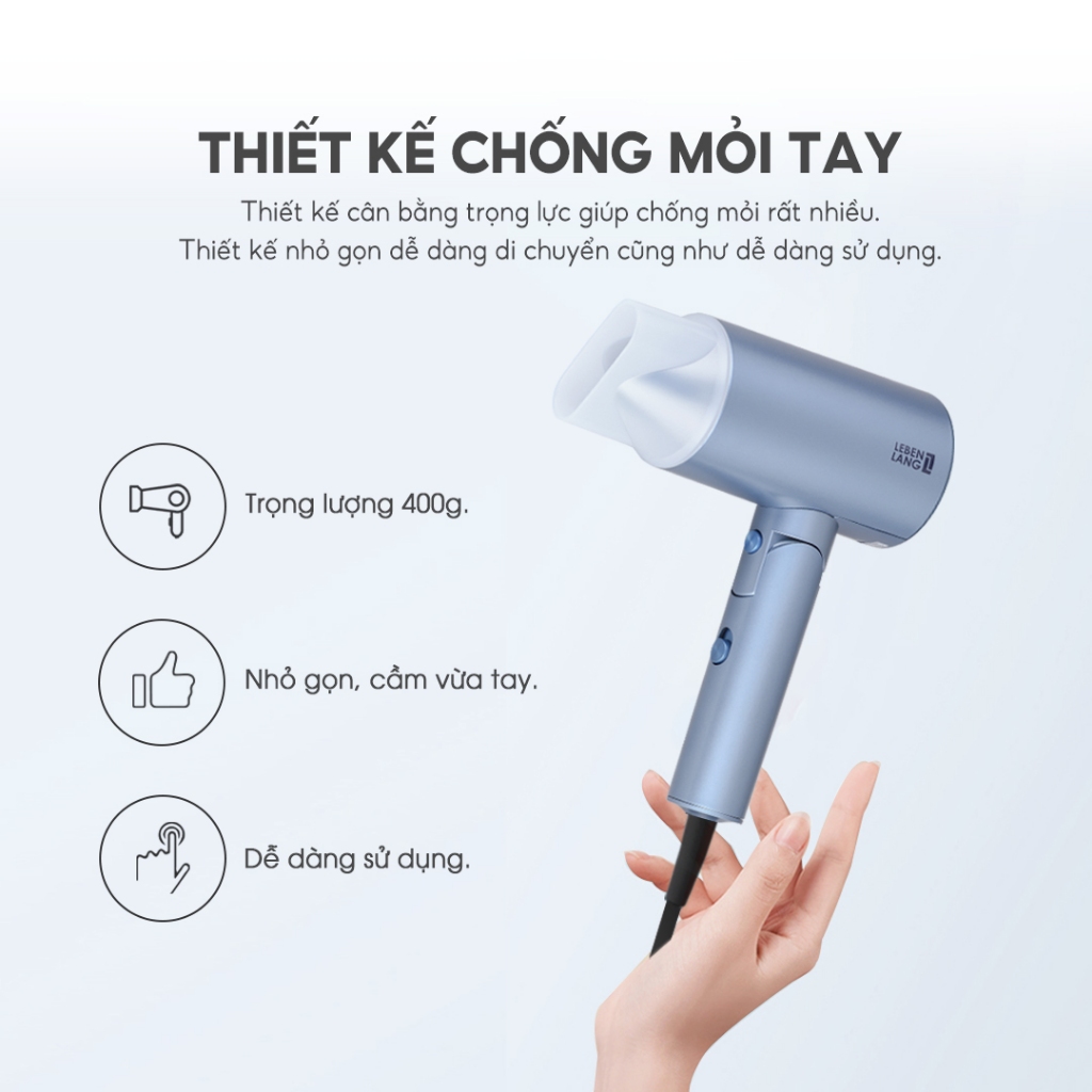 Máy sấy tóc 2 chiều nóng lạnh LEBENLANG LBL3033, 2000W, chống xơ rối bằng công nghệ ion, bảo hành 2 năm - chính hãng