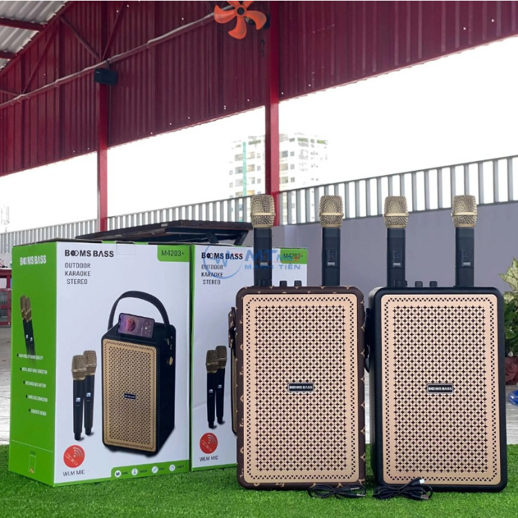 Loa Karaoke Bluetooth Booms Bass M4203+ Kèm 2 Micro Không Dây Chính Hãng, Bass Mạnh, Pin 28h, Bảo Hành 2 Nă,