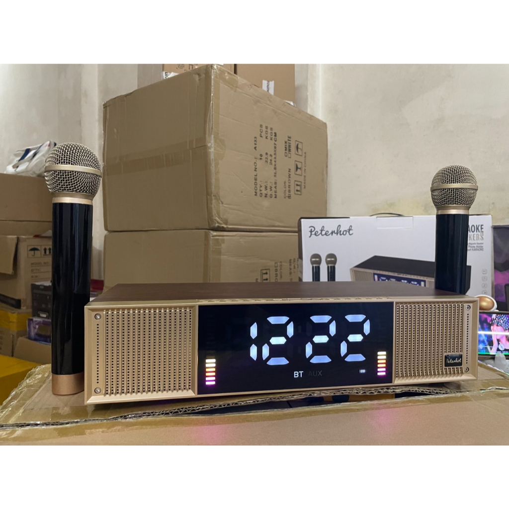 Loa Bluetooth Peterhot A133, Loa Karaoke Kèm 2 Mic Không Dây, Màn hình LCD hiện thị, đèn LED theo nhạc, Bảo Hành 2 Năm.
