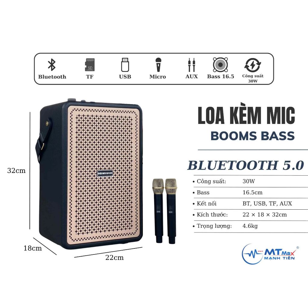 Loa Karaoke Bluetooth Booms Bass M4203+ Kèm 2 Micro Không Dây Chính Hãng, Bass Mạnh, Pin 28h, Bảo Hành 2 Nă,