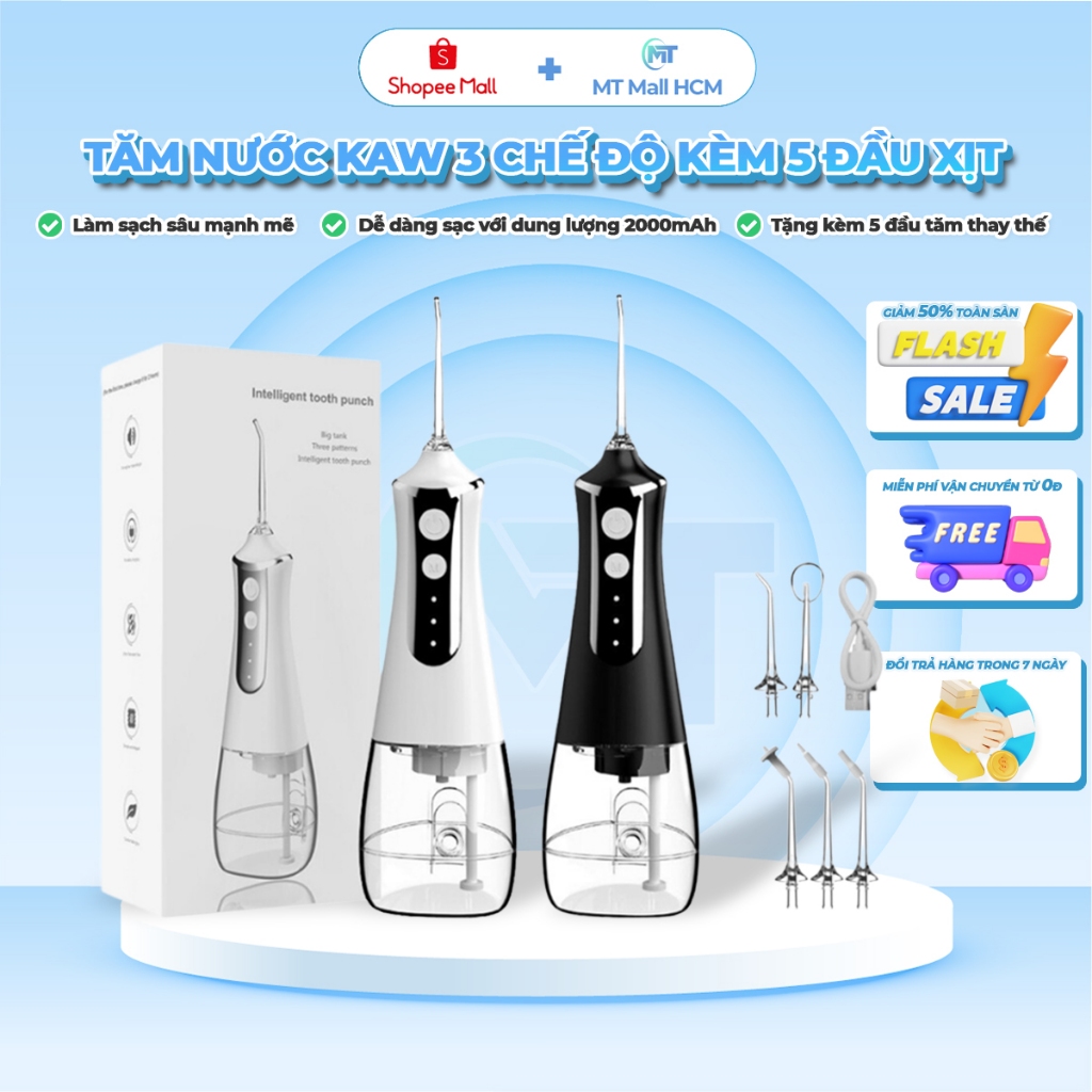 Máy Tăm Nước Cầm Tay Kaw 386F Vệ Sinh Răng Miệng Cao Cấp Làm Sạch Răng Miệng 3 Chế Độ, 5 Đầu Tăm KAW VIETNAM
