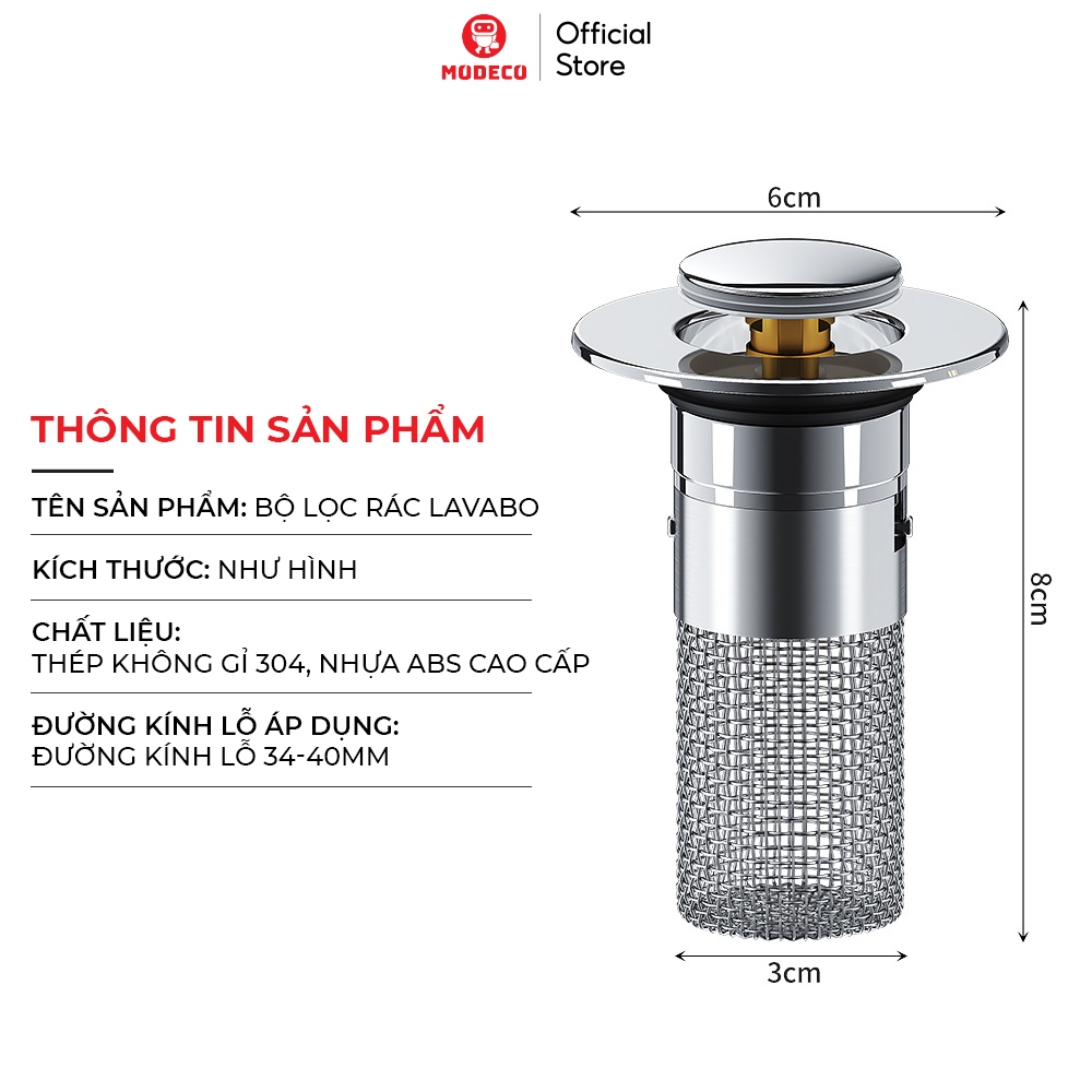 Nút Chặn Thoát Nước Nhấn Xả Lõi Đồng Cho Lavabo 2in1 Modeco - Có Bộ Lọc Rác Ngăn Tắc, Thoát Nước Nhanh, Lắp Đặt Dễ Dàng