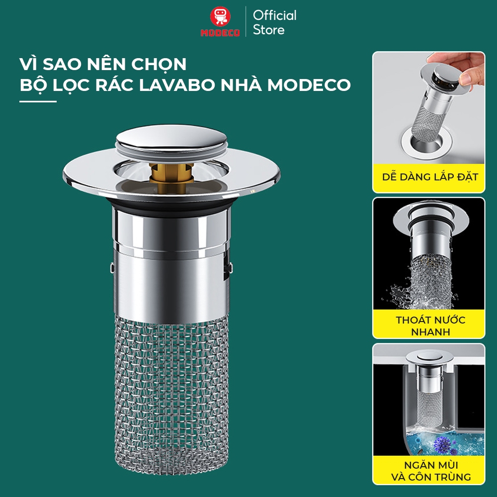 Nút Chặn Thoát Nước Nhấn Xả Lõi Đồng Cho Lavabo 2in1 Modeco - Có Bộ Lọc Rác Ngăn Tắc, Thoát Nước Nhanh, Lắp Đặt Dễ Dàng