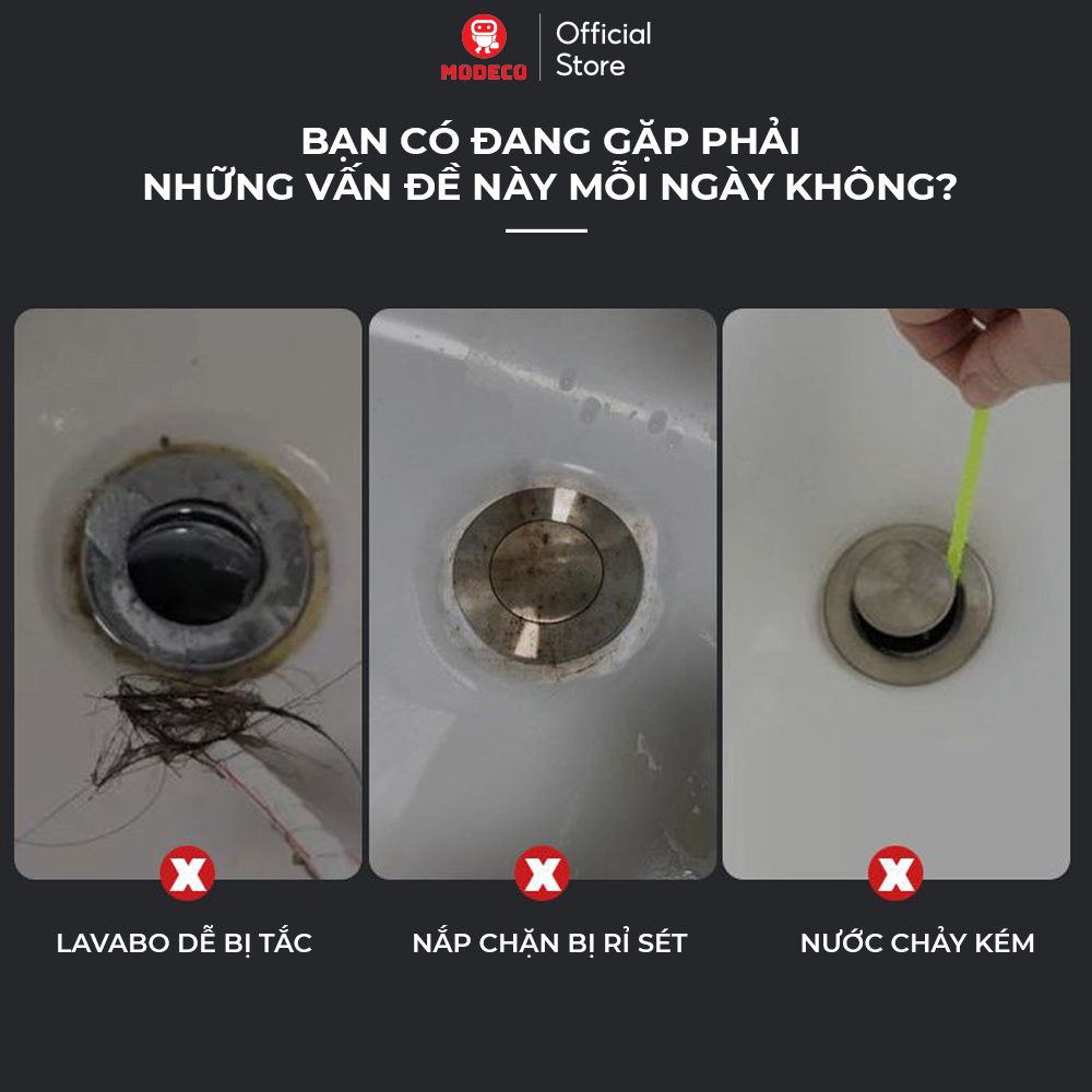 Nút Chặn Thoát Nước Nhấn Xả Lõi Đồng Cho Lavabo 2in1 Modeco - Có Bộ Lọc Rác Ngăn Tắc, Thoát Nước Nhanh, Lắp Đặt Dễ Dàng