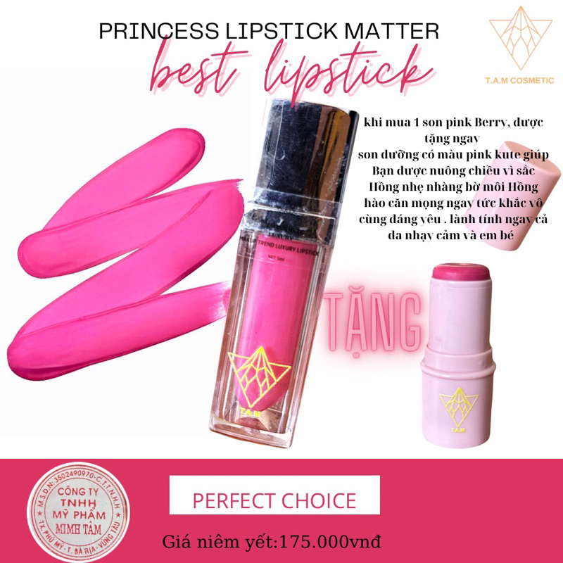 Son môi Hồng tiểu thư màu hồng ngọc chính hãng son mịn môi không trôi lì kháng nước T.A.M PINK BERRY