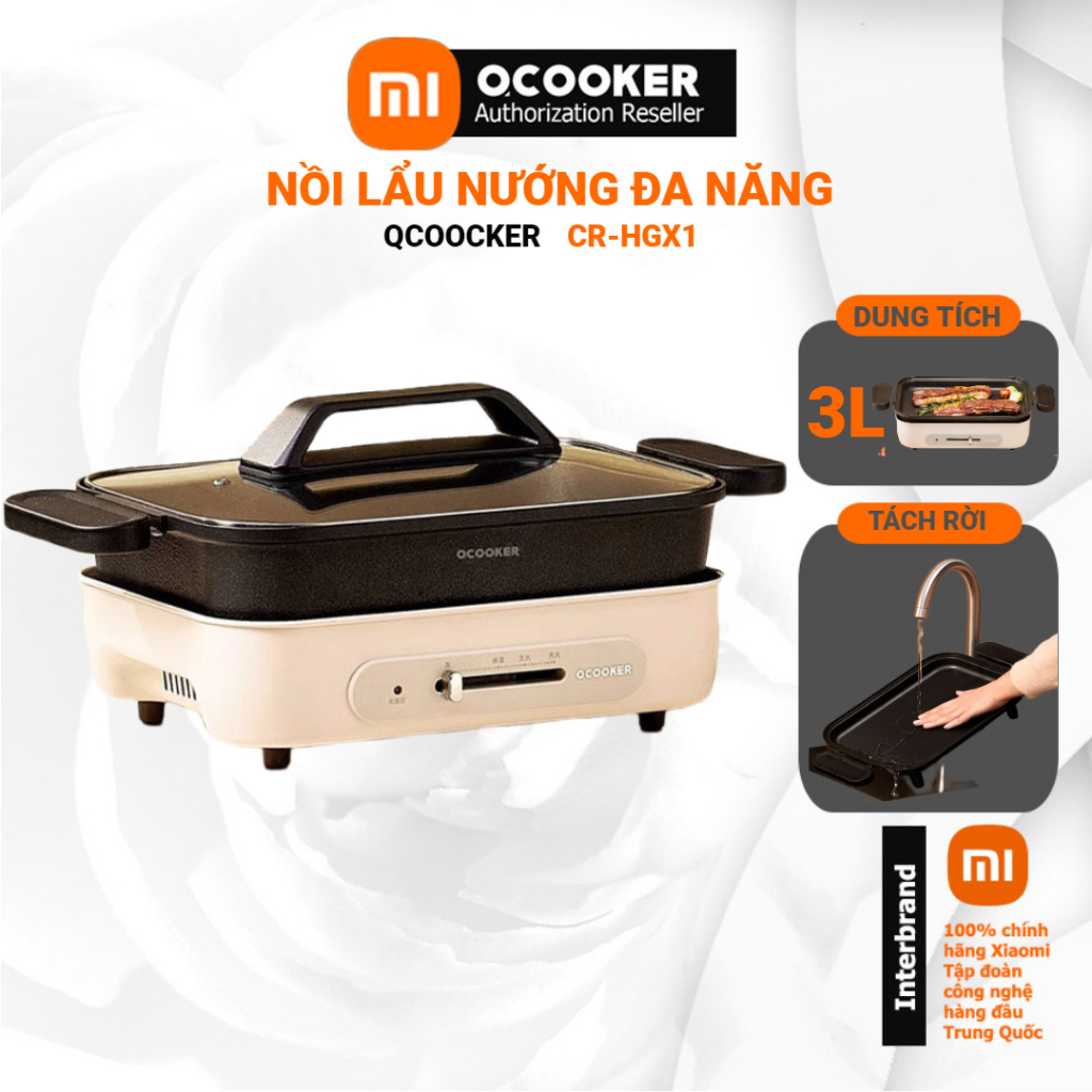 Nồi lẩu nướng đa năng nồi điện đa  năng Xiaomi Qcooker kèm 2 khay nướng, lẩu tách rời  công suất 1300W  dung tích 3L