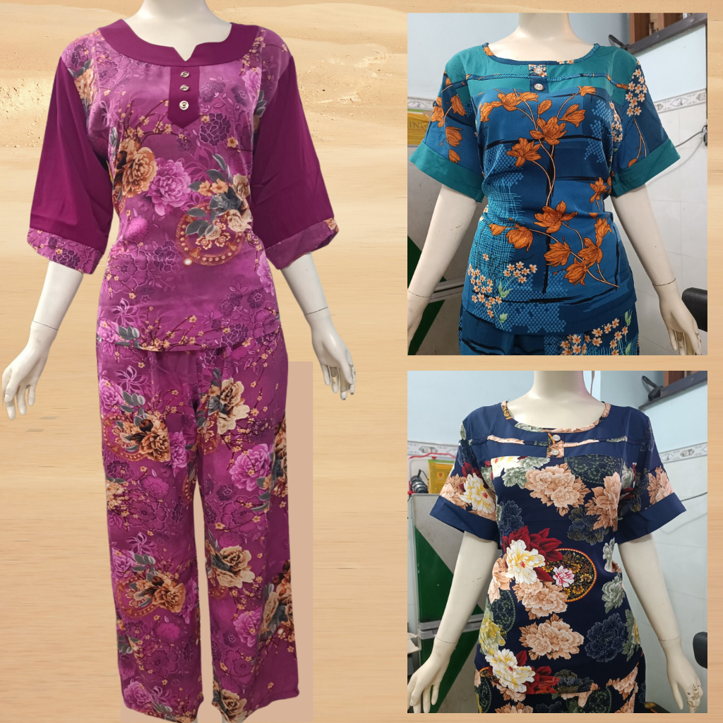 Đồ bộ trung niên cho mẹ. Đồ bộ tặng mẹ cổ chui đính nút kiểu mặc nhà sang đẹp lịch sự size 50-78 kg