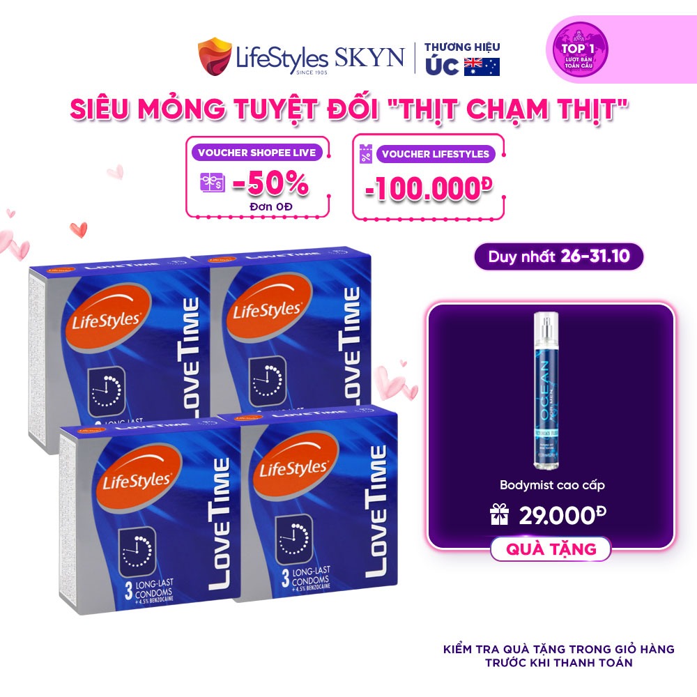 Combo 4 Bao cao su kéo dài thời gian quan hệ LifeStyles Love Time nhiều gel