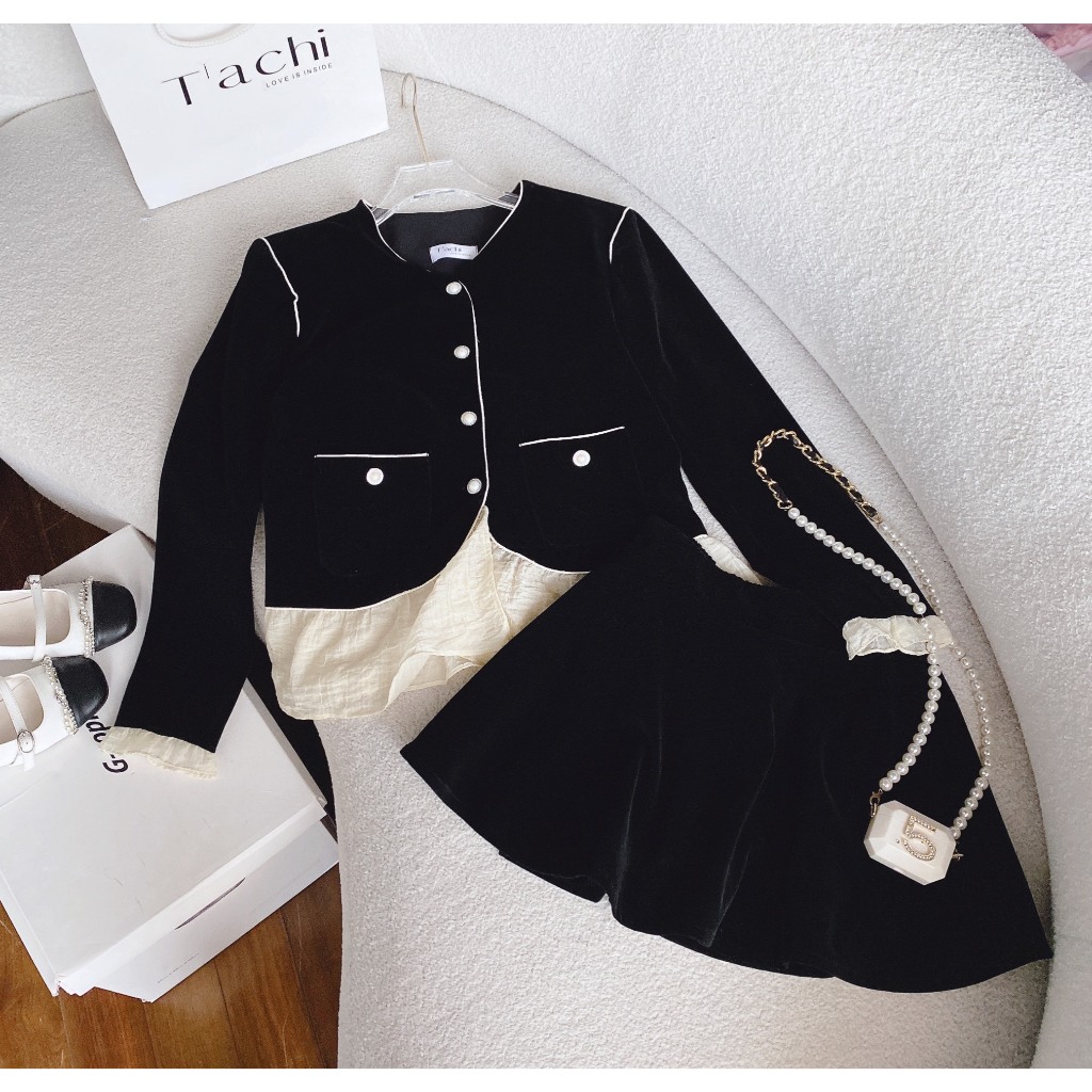 SET ÁO BBD NHUNG ĐEN VIỀN KEM BÈO KEM TAY DÀI + CHÂN VÁY NHUNG ĐEN  ONEC