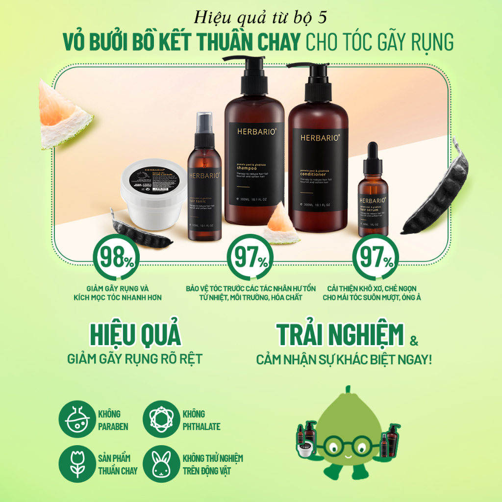 Bộ 5 chăm sóc tóc bồ kết vỏ bưởi herbario: Dầu gội 300ml + Dầu xả 300ml + Xịt dưỡng 100ml + Serum 30ml + Kem ủ tóc 200ml