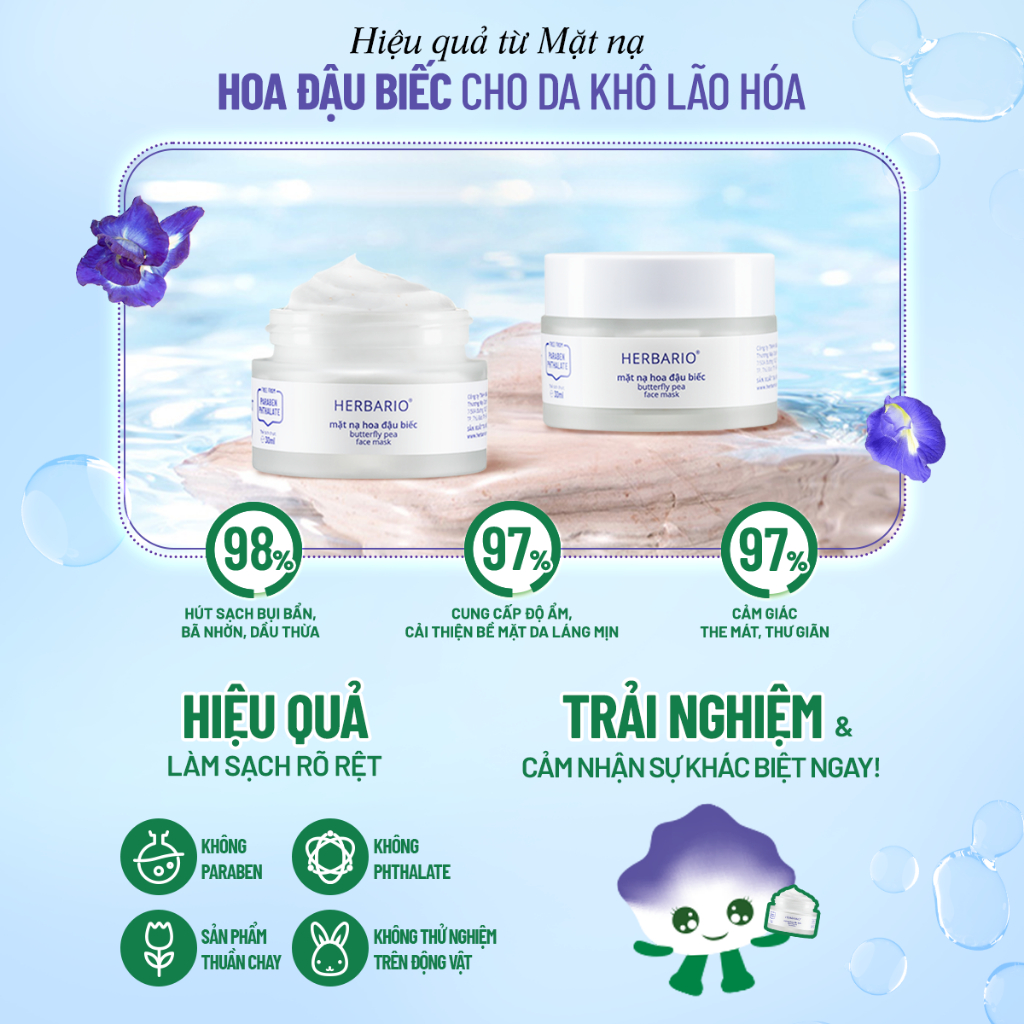 Mặt nạ Hoa Đậu Biếc herbario 30ml ngăn ngừa lão hóa da thuần chay