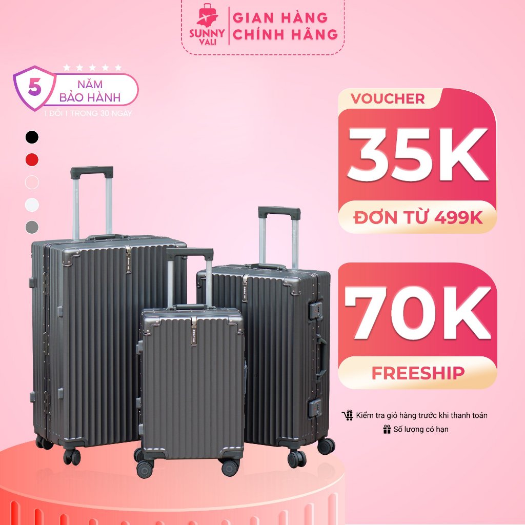 Vali du lịch khung nhôm SUNNY LUMI LM01 - Vali nhựa PC thời trang, khóa hải quan TSA (Tặng bọc trong cao cấp)