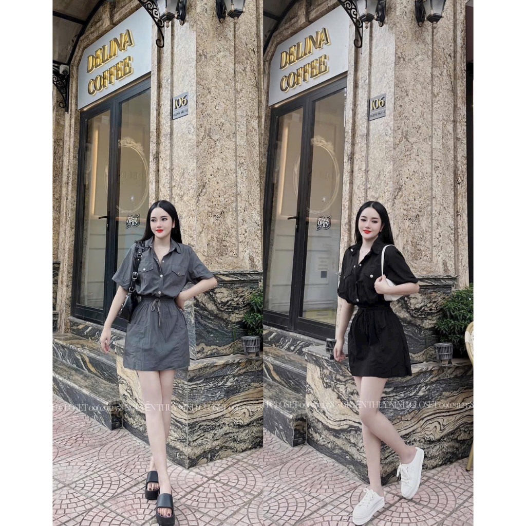 Đầm váy nữ cổ sơ mi họa tiết đóng nút sang chảnh dễ thương phối tuyết mưa cột dây nhún eo quý phái dự tiệc
