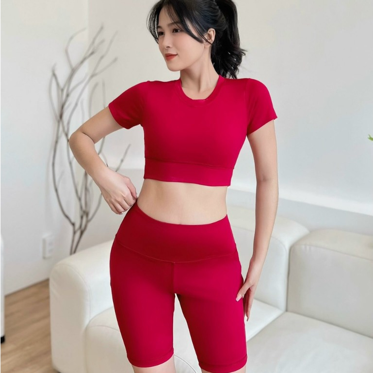 Bộ tập gym yoga nữ Lanbishop áo cộc tay kèm mút quần ngố cạp cao chất vải thun poly co giãn Gym135