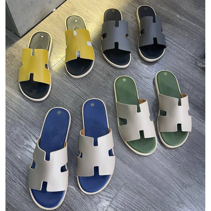 Dép lê nam quai ngang HM da Pu hình chữ H trơn sần đế phíp gỗ vàng nổi logo chữ ngựa boy phố