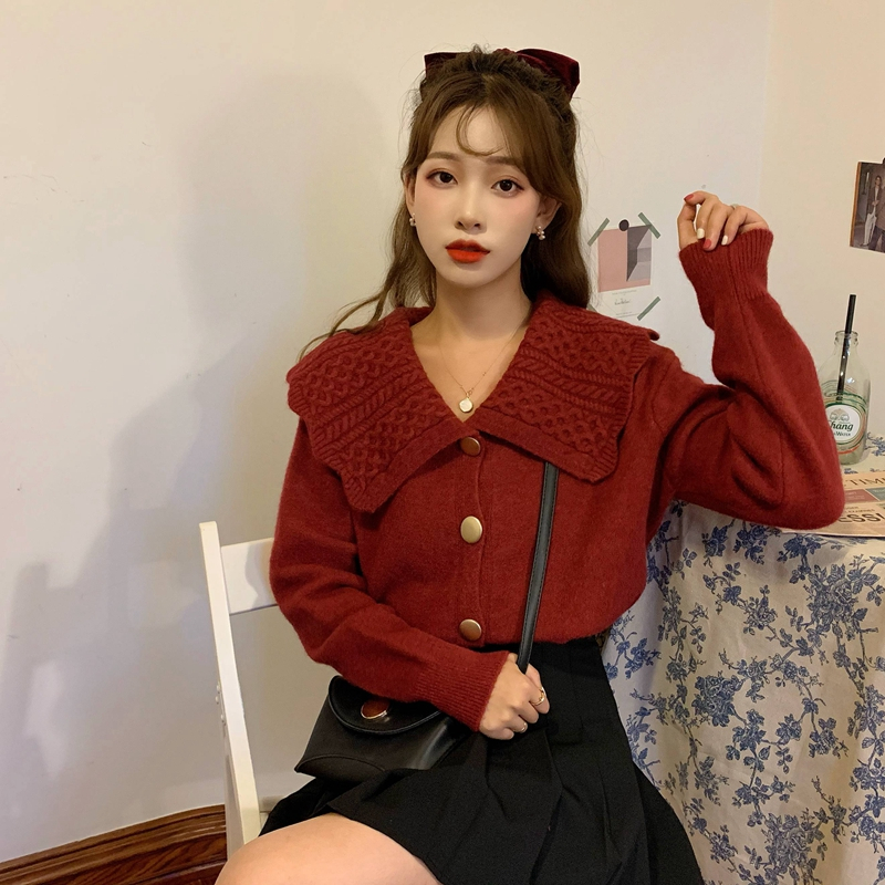 Áo khoác len cardigan dài tay cho nữ tiểu thư bánh bèo cổ sen Hàn Quốc  cách điệu nơ cổ màu đỏ giáng sinh noel M344 K-19
