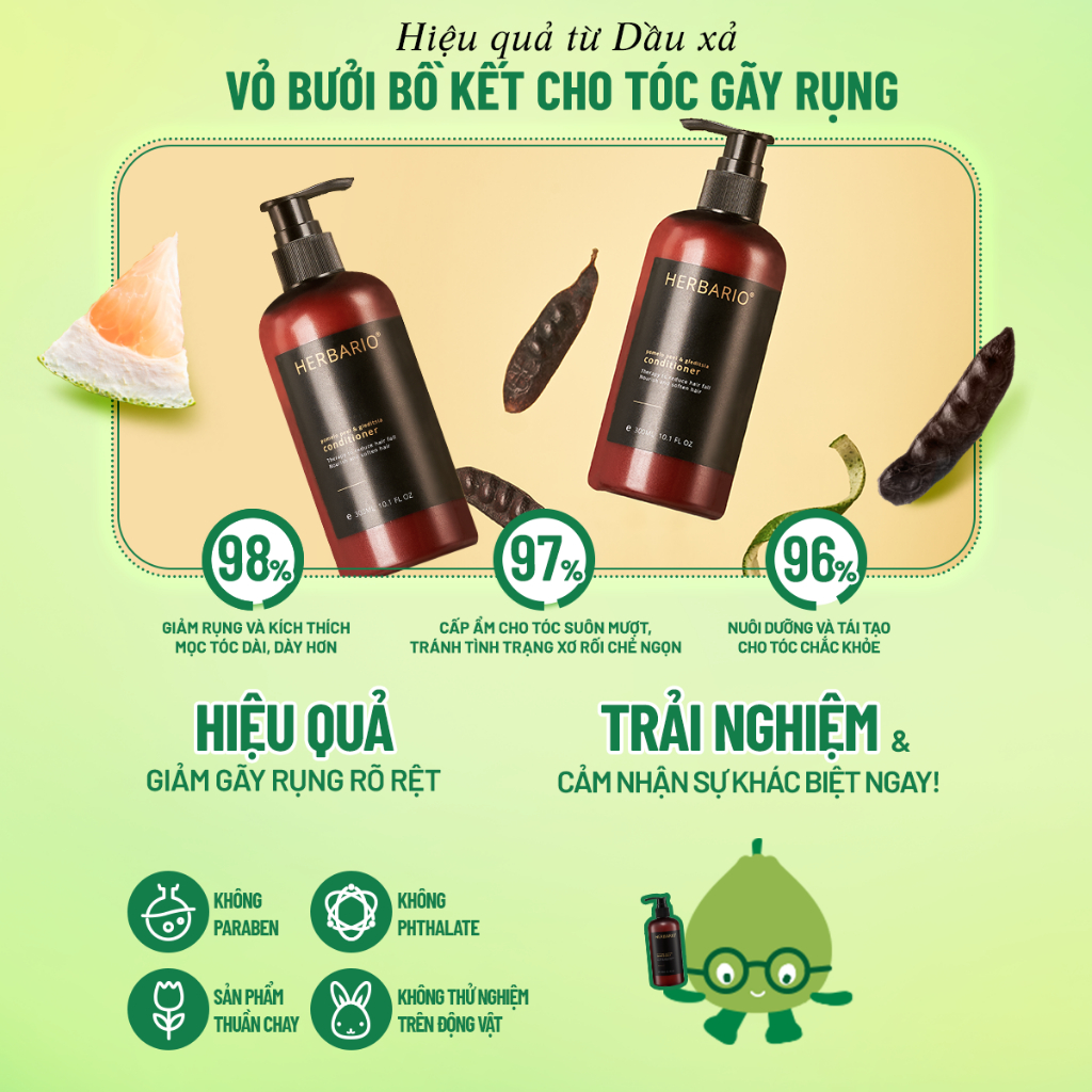 Bộ dầu gội vỏ bưởi, bồ kết herbario 300ml và dầu xả vỏ bưởi, bồ kết herbario 300ml