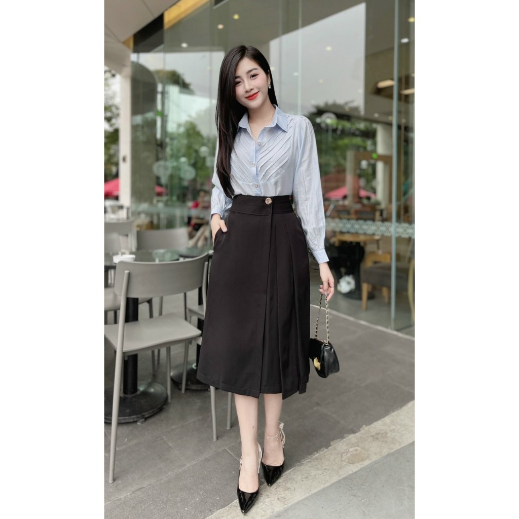 Áo sơ mi tơ xếp ly ngực vải lụa tơ