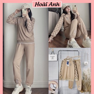 Set Bộ Đồ Nỉ Nữ MLB Áo Nỉ Dài Tay In Chữ Phối Bo Dệt Mix Quần Nỉ Boom Gấu