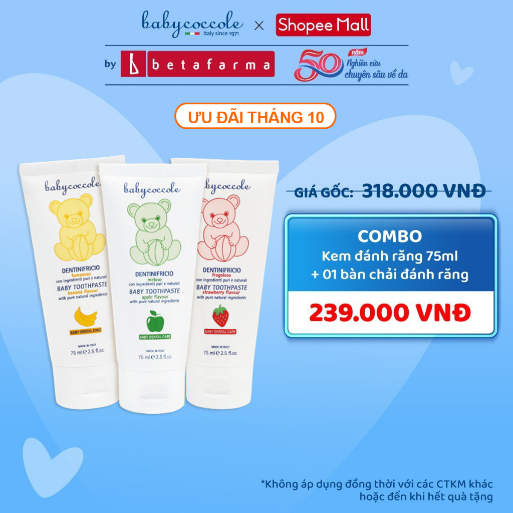 Kem đánh răng cho bé Babycoccole 12M+ trẻ em nuốt được 30ml/75ml