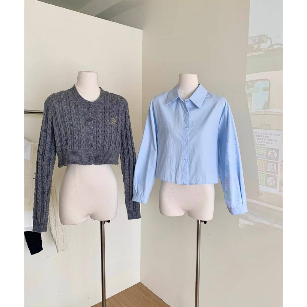 Set áo len sơ mi dài tay XONXEN SHOP QUY NHƠN kèm áo khoác len croptop ,chất len mềm mịn thoải mái mã 6675