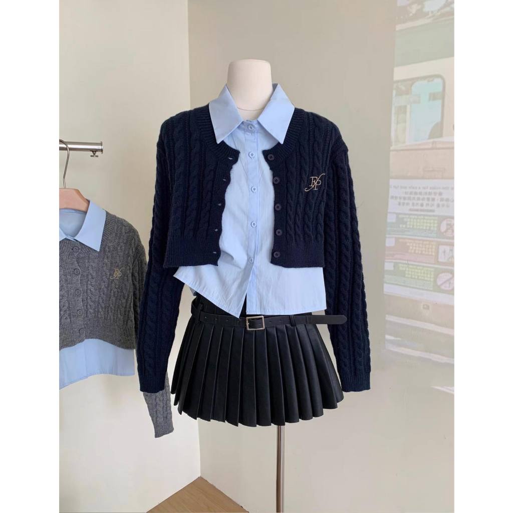 Set áo len sơ mi dài tay XONXEN SHOP QUY NHƠN kèm áo khoác len croptop ,chất len mềm mịn thoải mái mã 6675