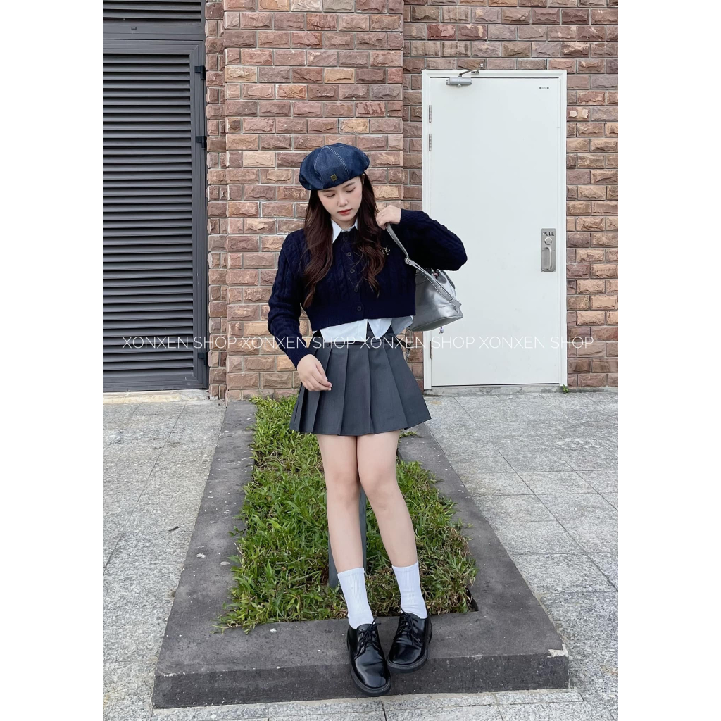 Set áo len sơ mi dài tay XONXEN SHOP QUY NHƠN kèm áo khoác len croptop ,chất len mềm mịn thoải mái mã 6675