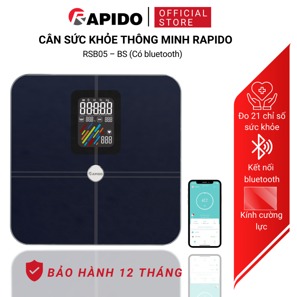 Cân điện tử sức khỏe thông minh Rapido RSB05–BS kết nối bluetooth, đo 21 chỉ số, bảo hành 12 tháng