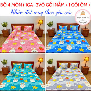 Ga nệm thỏ dâu in 3D thun lạnh cotton Hàn Quốc
