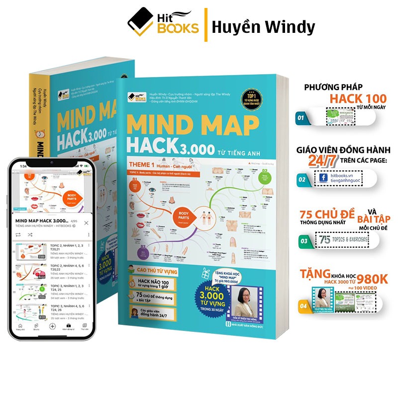 Sách - Hack não 3000 từ vựng tiếng anh với phương pháp sơ đồ tư duy, khóa học do Hitbooks phát hành. Tác giả Huyền Windy
