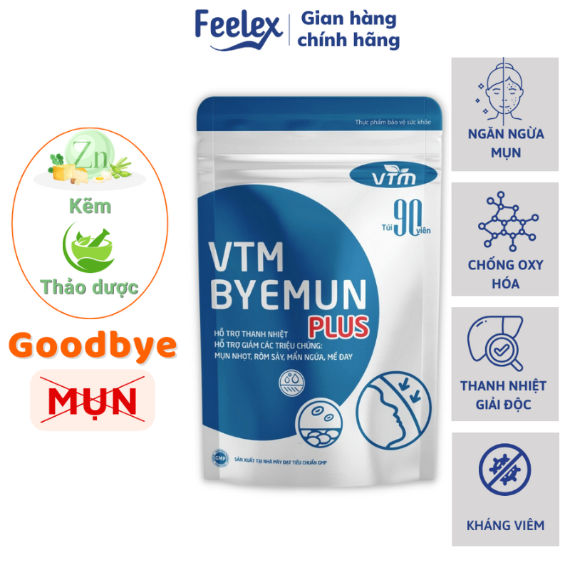 Viên uống Feelex VTM Byemun Plus hỗ trợ giảm mụn nhọt, rôm sẩy, mề đay, thanh nhiệt, giải độc - gói 90 viên