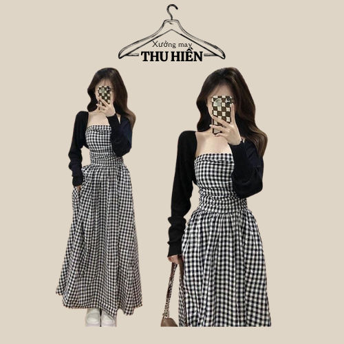 Set váy Caro kết hợp với áo khoác Cardigan mềm nhẹ, set bộ có thể tách lẻ, thiết kế trẻ trung, nữ tính_Xuongmaythuhien
