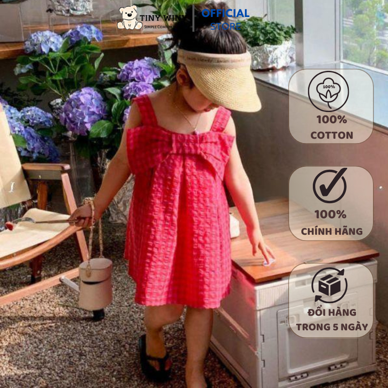 Váy bé gái, đầm họa tiết kẻ caro hồng đính nơ - Mẫu Hè V28 , Tiny WIny