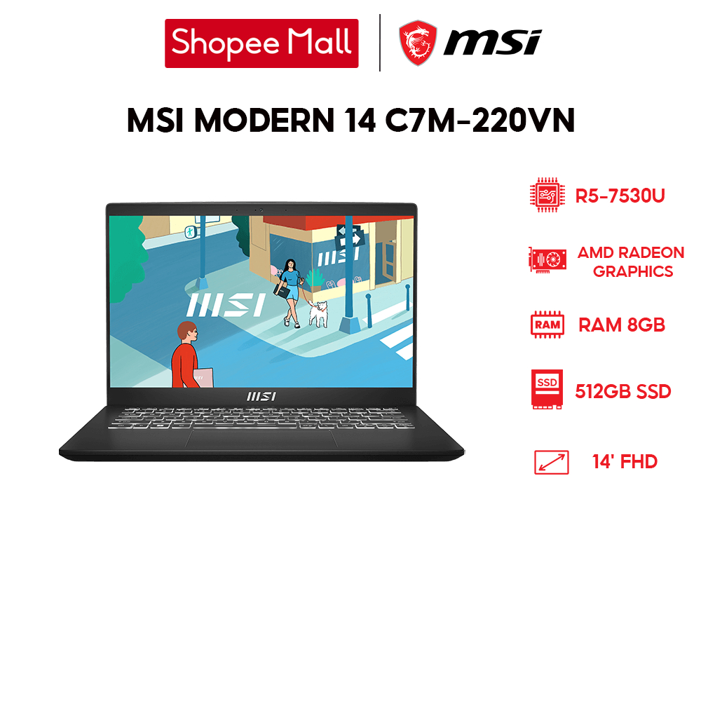 Laptop MSI Modern 14 C7M-220VN R5-7530U | 8GB | 512GB | 14' FHD | Win 11