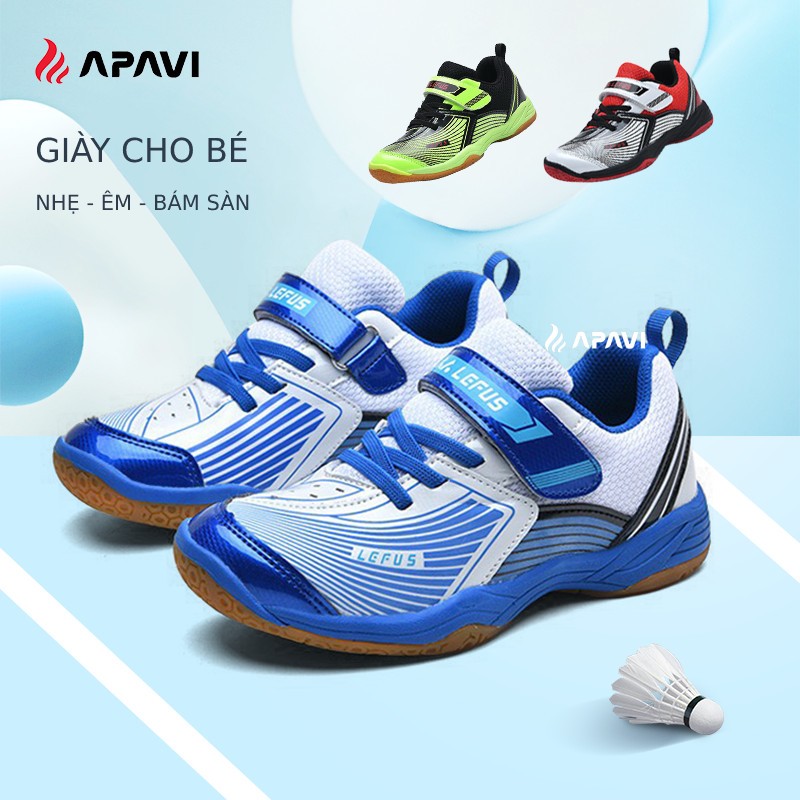 Giày cầu lông trẻ em Lefus 1087 Xanh trắng năng động, da PU bóng sáng, lưới thoáng khí, bám sàn, kèm quà tặng