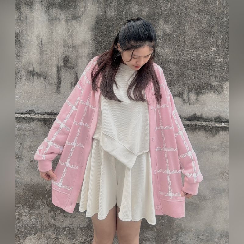 Áo Khoác Cardigan Nỉ Caro Zic Zắc Hồng Trắng Form Rộng