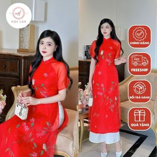 Áo dài truyền thống nữ, cách tân màu đỏ chất liệu organza cao cấp - Áo Dài Mộc Lâm -AD85