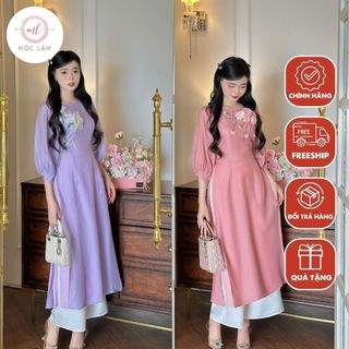 Áo dài cách tân cổ tròn 2 màu tím, hồng thiết kế tay lỡ chất liệu Tơ Crep thêu hoa tỉ mỉ - Áo Dài Mộc Lâm - AD7576