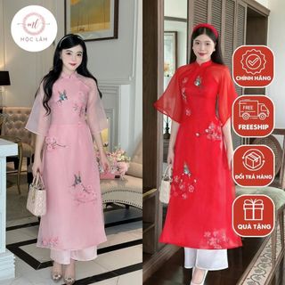 Áo dài cách tân 4 tà màu đỏ, hồng tay lỡ chất liệu organza thiết kế đính kết CHIM - Áo dài Mộc Lâm - AD8183