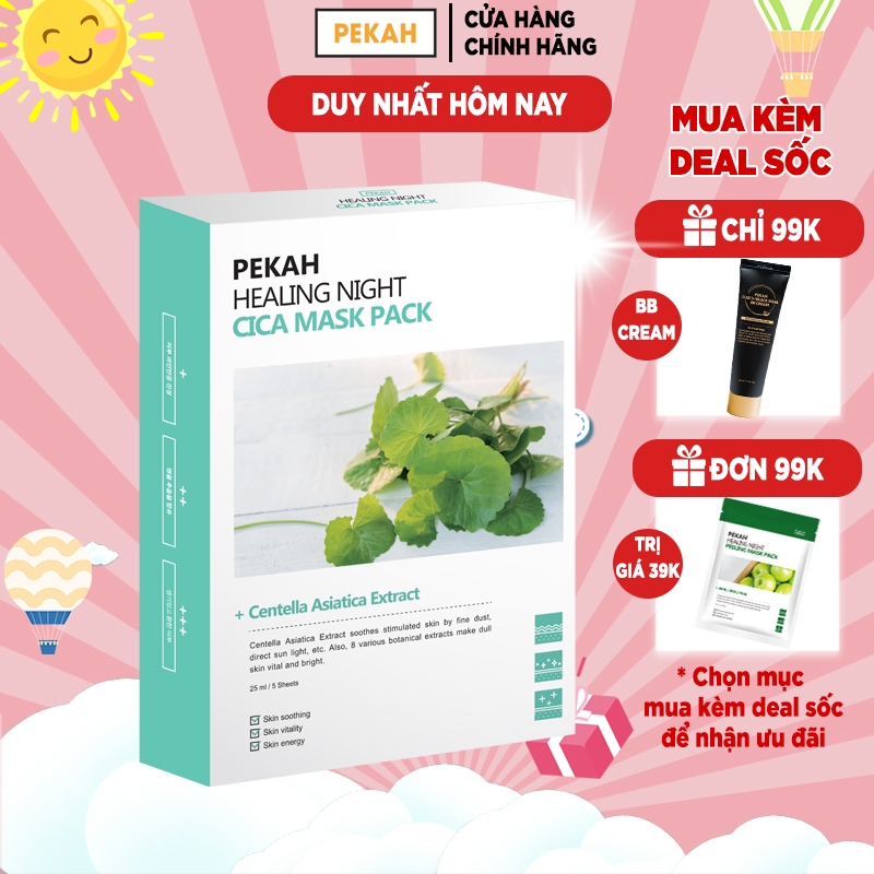 Hộp Mặt Nạ 5 Miếng Dưỡng Ẩm Giảm Mụn Và Thâm Chiết Xuất Rau Má PEKAH Healing Night Cica Mask Pack 25ml/5sheets
