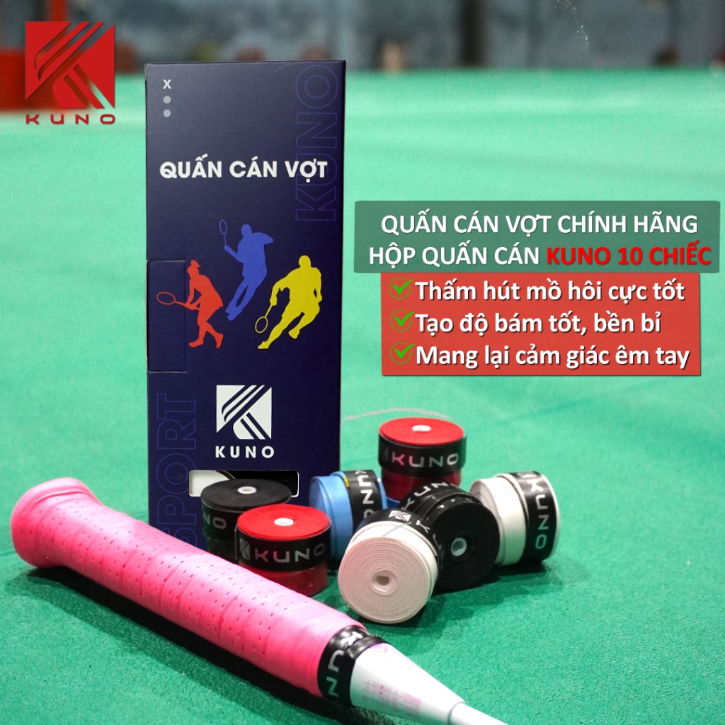 Băng Quấn Cán Vợt Cầu Lông KUNO Chính Hãng, Mỏng Cảm Vợt Tốt, Bề Mặt Mịn, Hộp 10 Chiếc