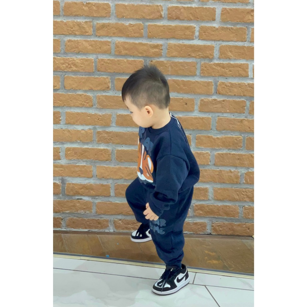 BỘ NỈ XANH THAN HÌNH HỔ DÀI TAY CHO BÉ