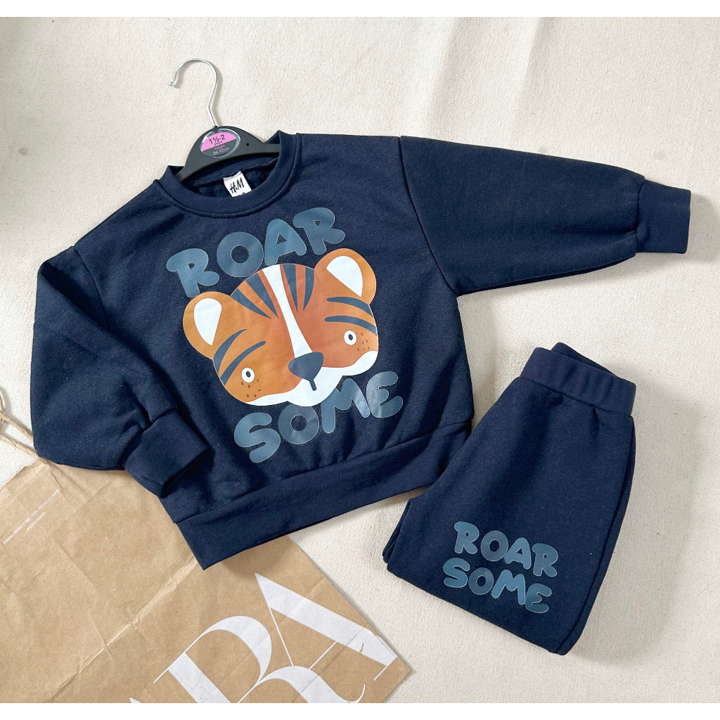 BỘ NỈ XANH THAN HÌNH HỔ DÀI TAY CHO BÉ